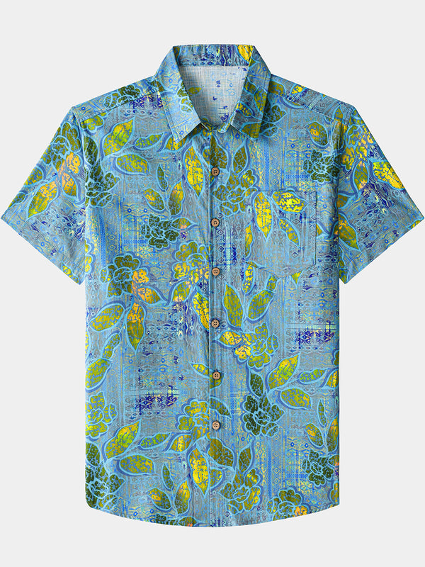 Men’s Camp Barbecue Retro Leaf Pattern Cotton Short Sleeve Breathable Shirt