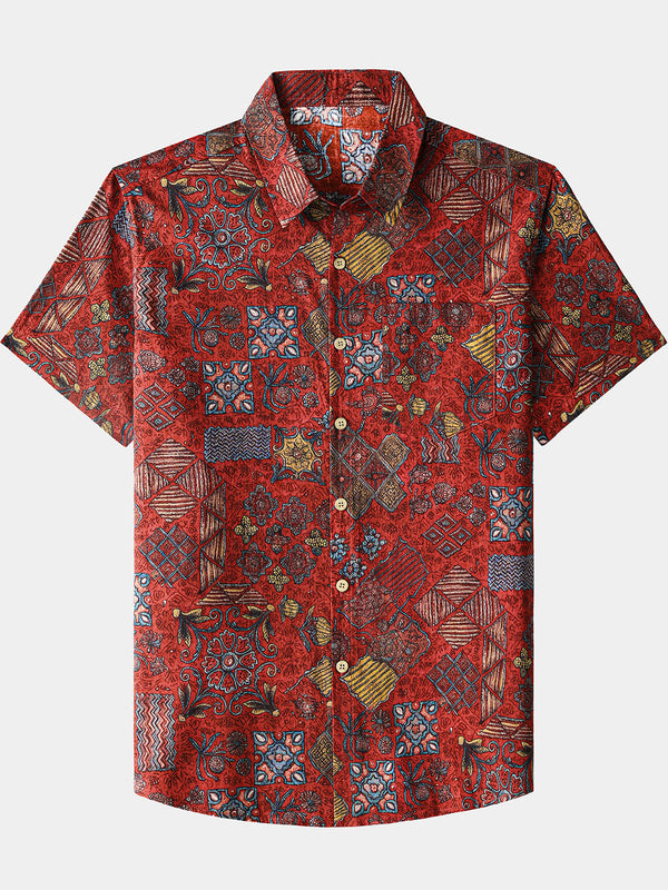 Men’s Short Sleeve Cotton Retro Red Geometric Patchwork Shirt