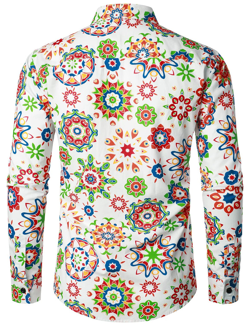 Men's Floral Print Cotton Breathable White Flower Button Up Long Sleeve Dress Shirt