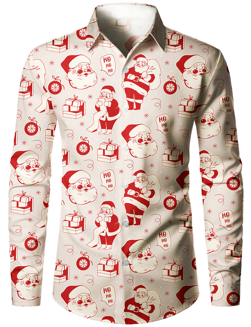 Men's Christmas Santa Claus Print Snowflake Gift Xmas Holiday Button Up Long Sleeve Shirt