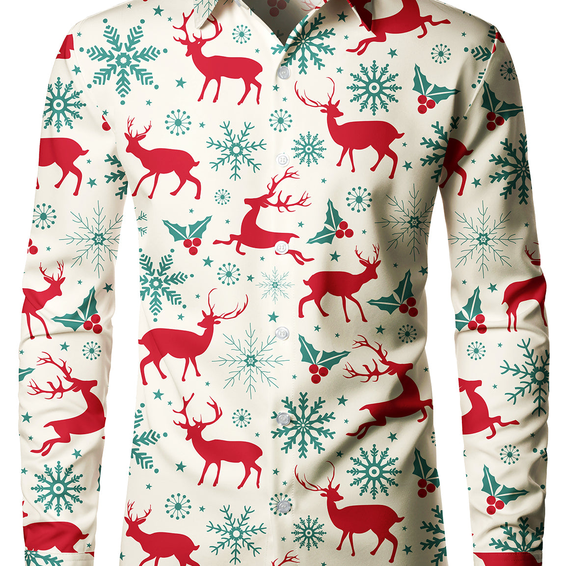 Men's Christmas Elk Print Snowflake Xmas Holiday Button Up Long Sleeve Shirt