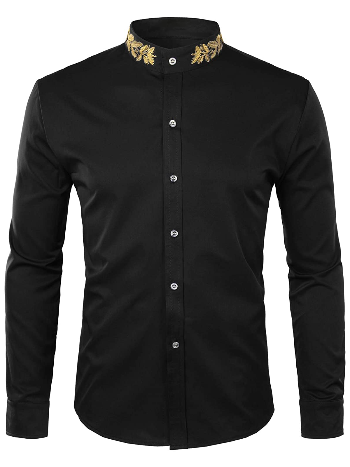 Men's Solid Color Collar Embroidered Long Sleeve Shirt
