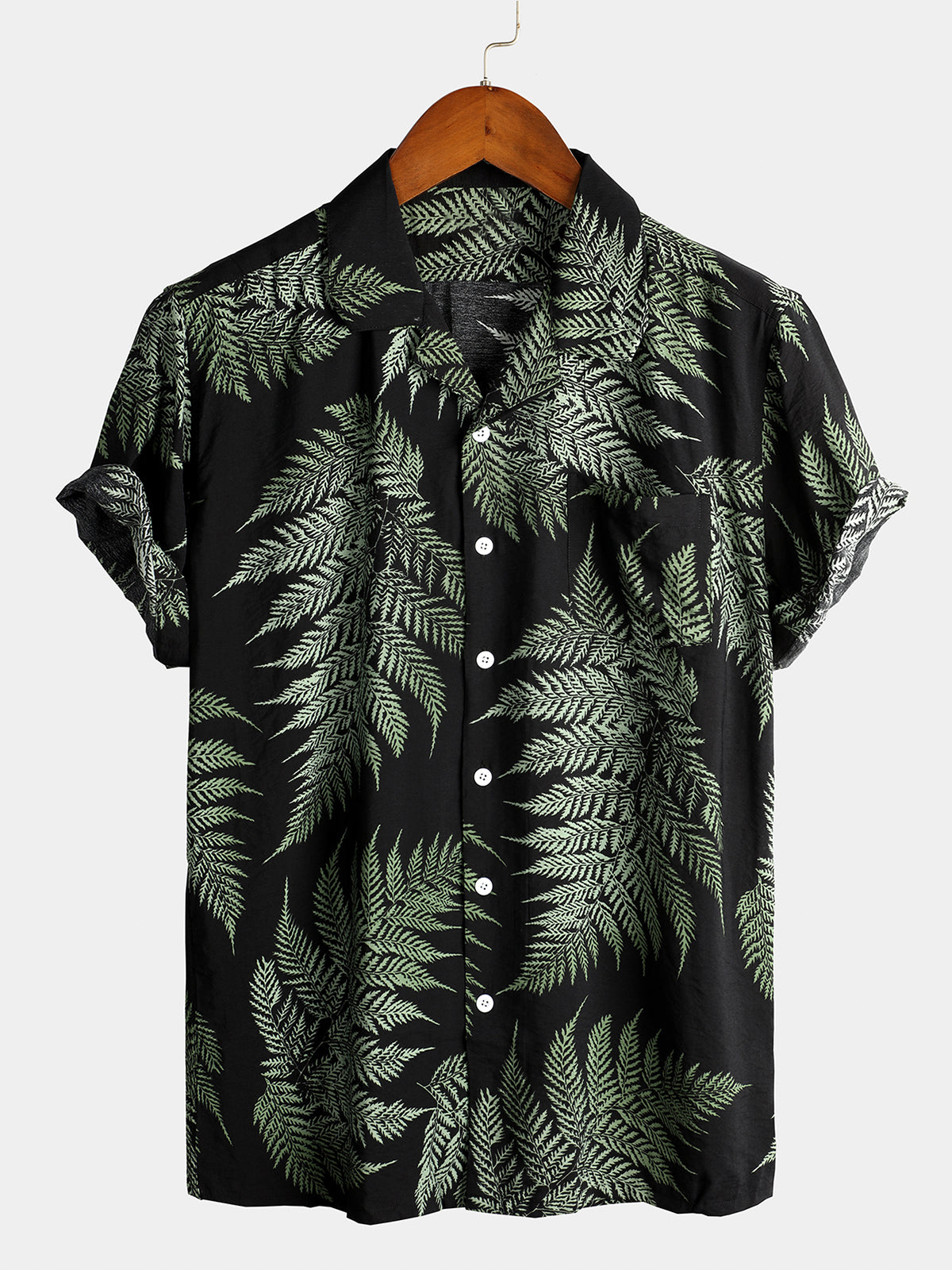 Men's Tropical Leaf Print Hawaiian Pocket Short Sleeve Shirt