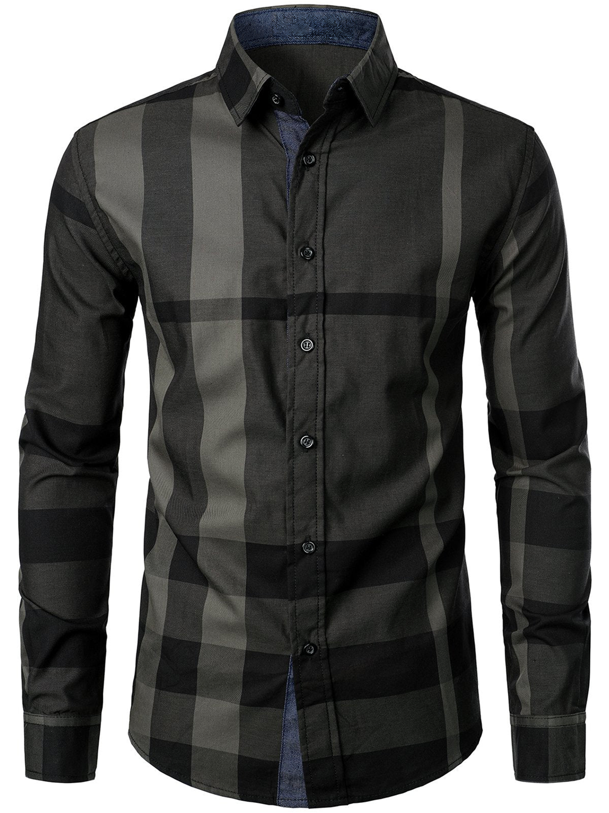 Men's Long-sleeved Cotton Color-blocking Plaid Shirt