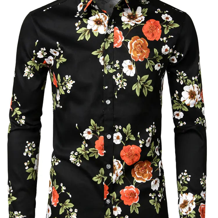 Men's Floral Long Sleeve Cotton Black Casual Button Down Shirt