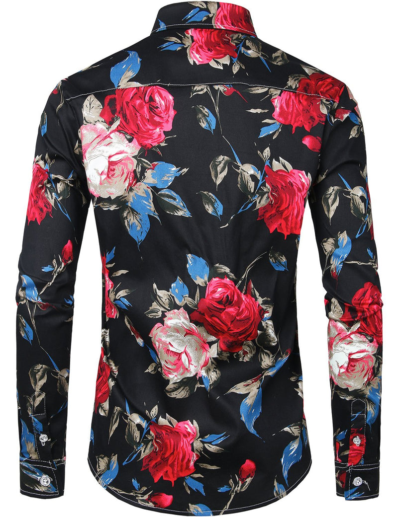 Men's Floral Cotton Rose Print Black Long Sleeve Shirt