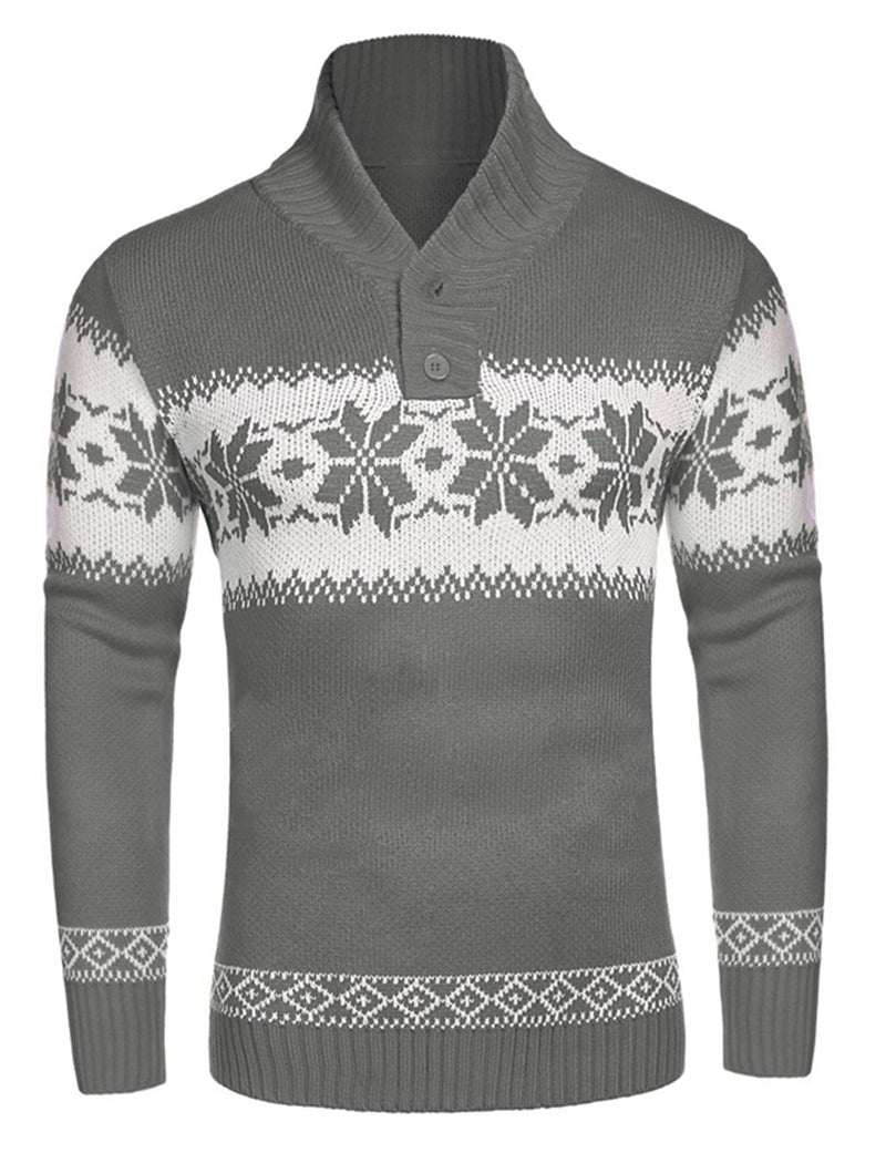 Men's Christmas Snowflake Print Button Up Long Sleeve Sweater