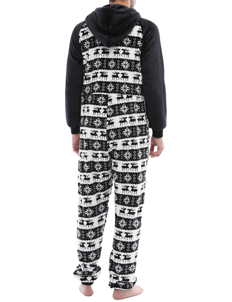 Men’s Christmas Elk And Snowflake Print Flannel Hooded Zipper Pocket Onesies Pajamas Loungewear