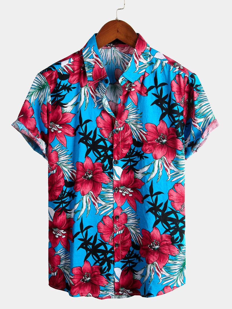 Men's Floral Tropical Hawaiian Cotton Blue Shirt