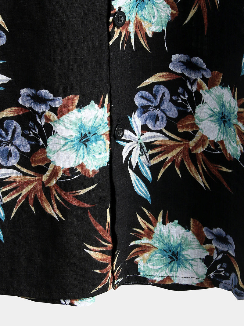 Men's Floral Cotton Tropical Hawaiian Black Short Sleeve Shirt