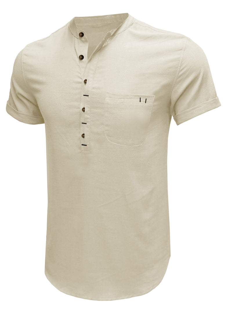 Men's Casual Henry Collar Short Sleeve Solid Color Pocket Cotton Linen Shirt