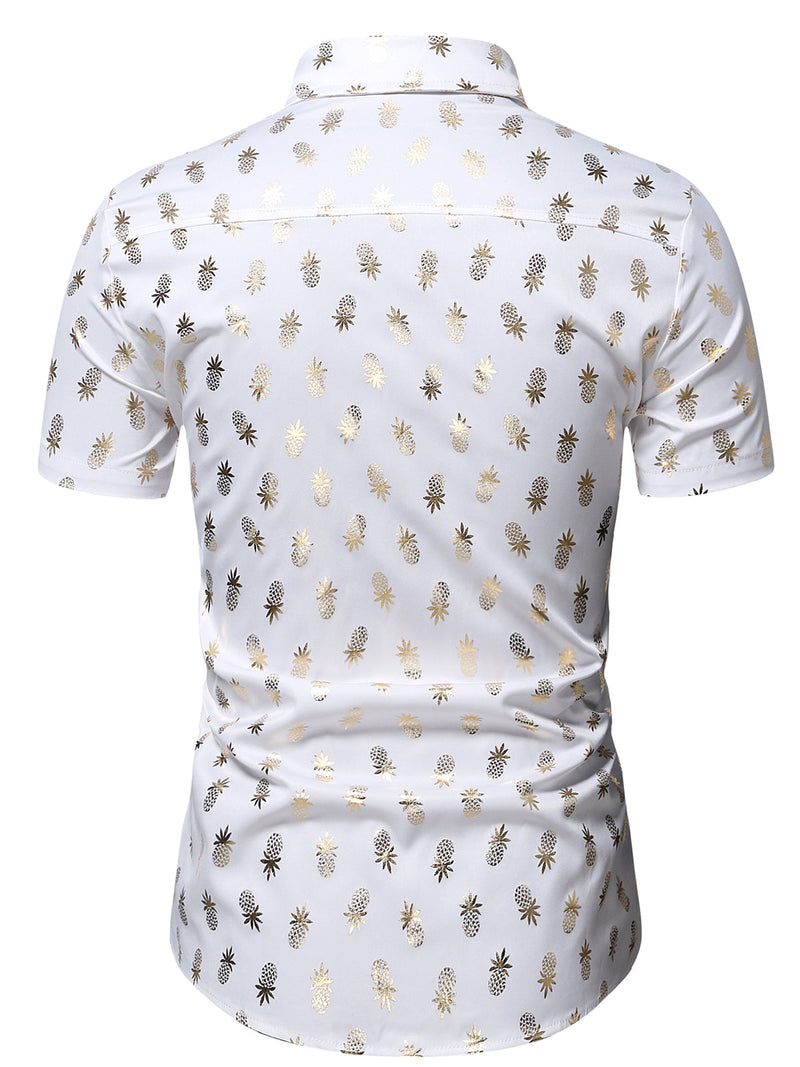 Men's Golden Pineapple Print Fruit Casual Button Up Short Sleeve Hawaiian Shirt