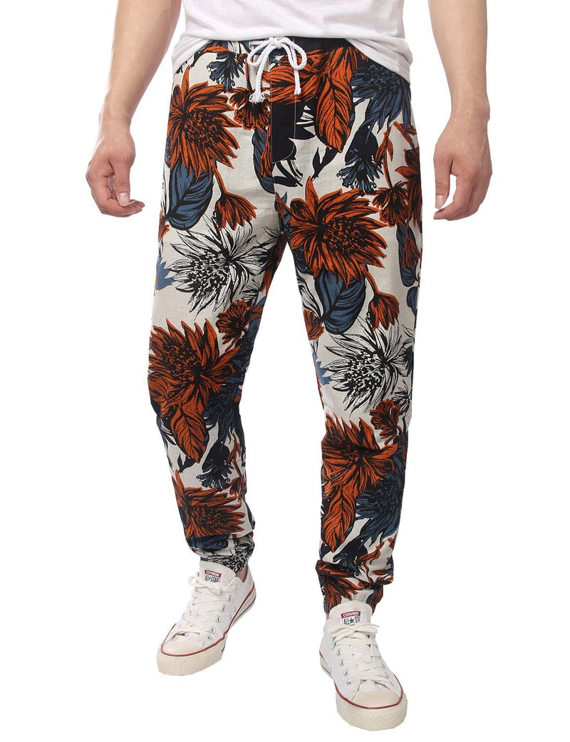 Men's Cotton Pants Flower Printed Drawstring Trousers(Red)