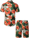 Men's Green Flower Tropical Hawaiian Floral Matching Shirt and Shorts Set