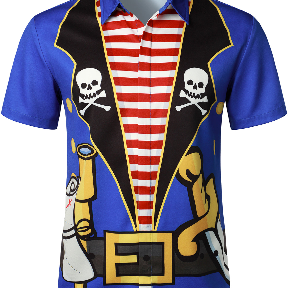 Men's Pirate Skull Costume Art Dark Blue Caribbean Cruise Themed Party Halloween Short Sleeve Shirt