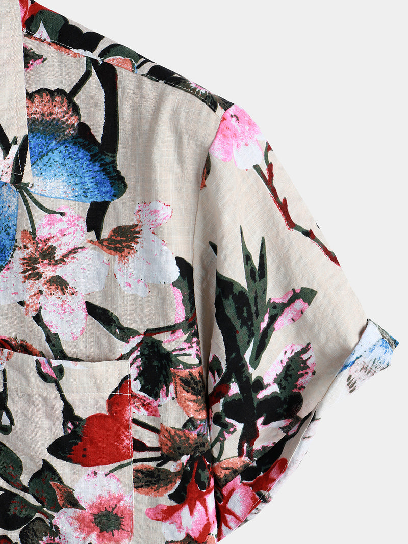 Men's Floral Print Pocket Short Sleeve Hawaiian Shirt