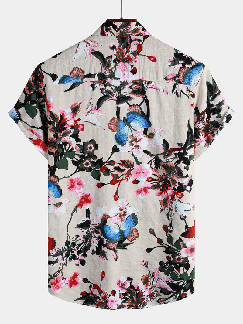 Men's Floral Print Pocket Short Sleeve Hawaiian Shirt