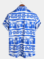 Men's Tropical Floral Palm Tree Print Blue Button Up Vintage Hawaiian Short Sleeve Shirt
