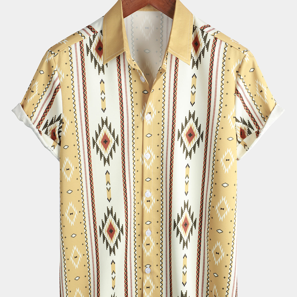 Men's Vintage Vertical Striped Short Sleeve 70s Retro Aztec Print Button Up Shirt