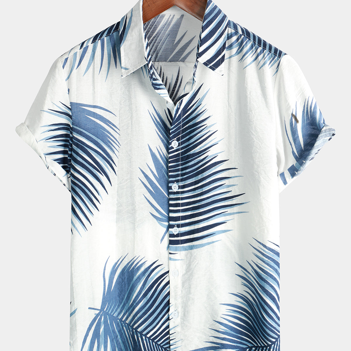 Men's Blue Tropical Summer Palm Tree Leaf Aloha Button Up Resort Short ...