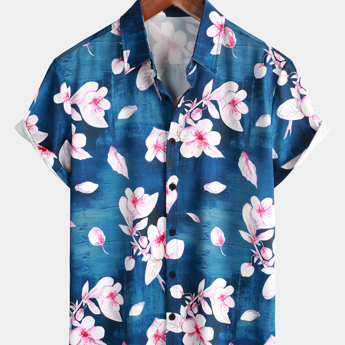 Men's Floral Print Button Up Casual Lapel Navy Blue Short Sleeve Resort Summer Shirt