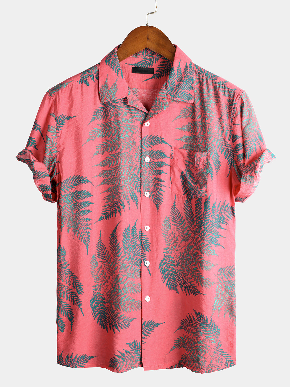 Men's Tropical Leaves Print Pocket Hawaiian Short Sleeve Shirt