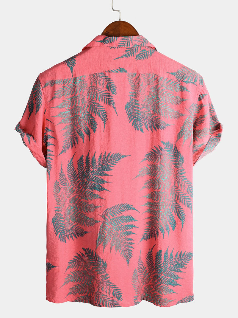 Men's Tropical Leaf Print Hawaiian Pocket Short Sleeve Shirt