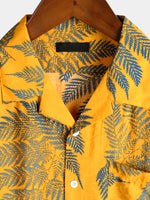 Men's Yellow Hawaiian Tropical Leaves Print Pocket Short Sleeve Shirt