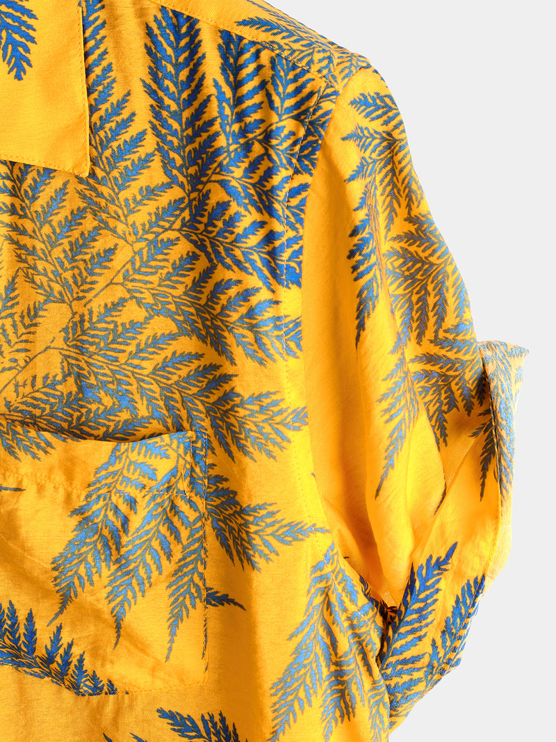 Men's Yellow Hawaiian Tropical Leaves Print Pocket Short Sleeve Shirt