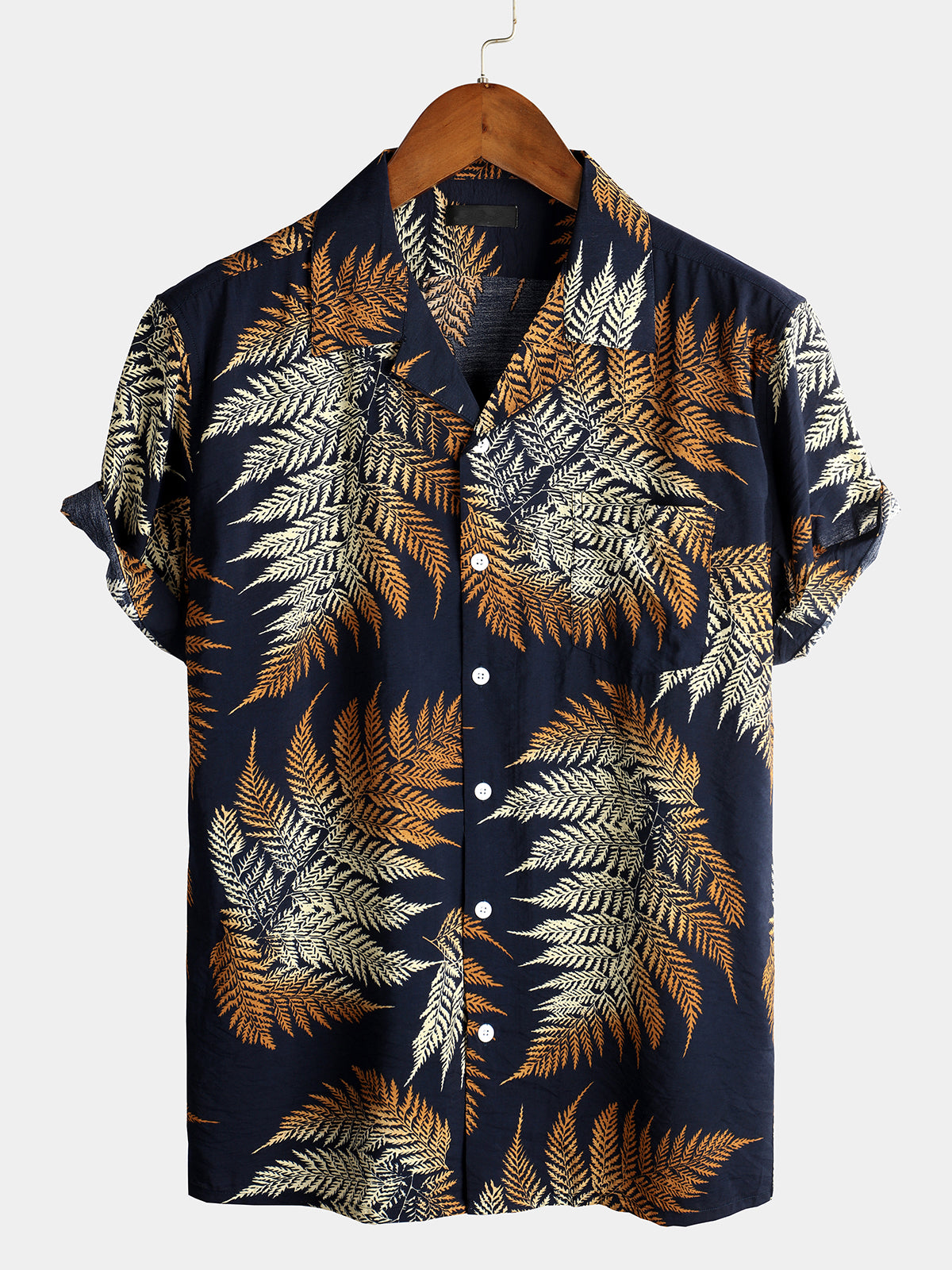 Men's Navy Blue Tropical Leaf Print Pocket Hawaiian Short Sleeve Shirt