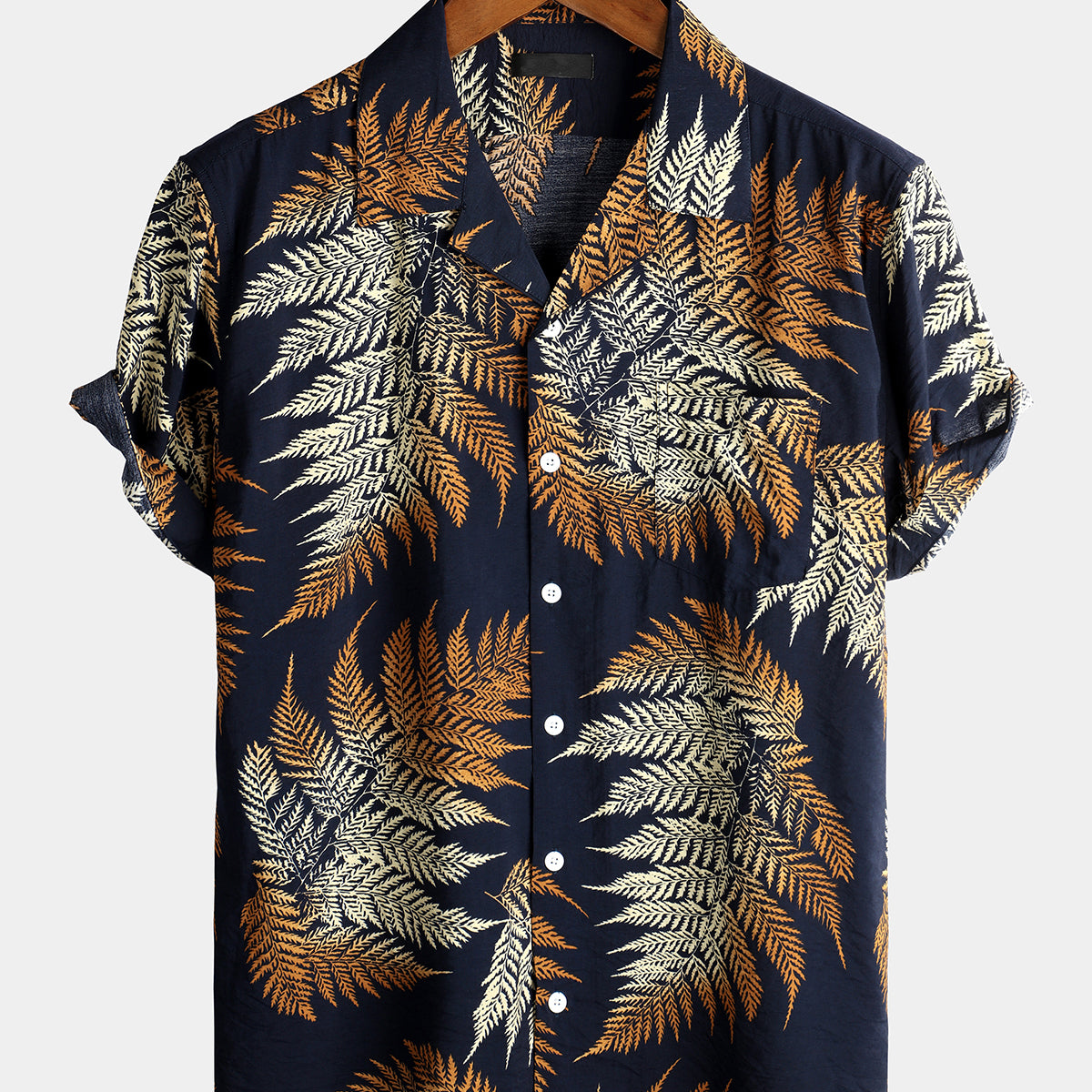Men's Navy Blue Tropical Leaf Print Pocket Hawaiian Short Sleeve Shirt