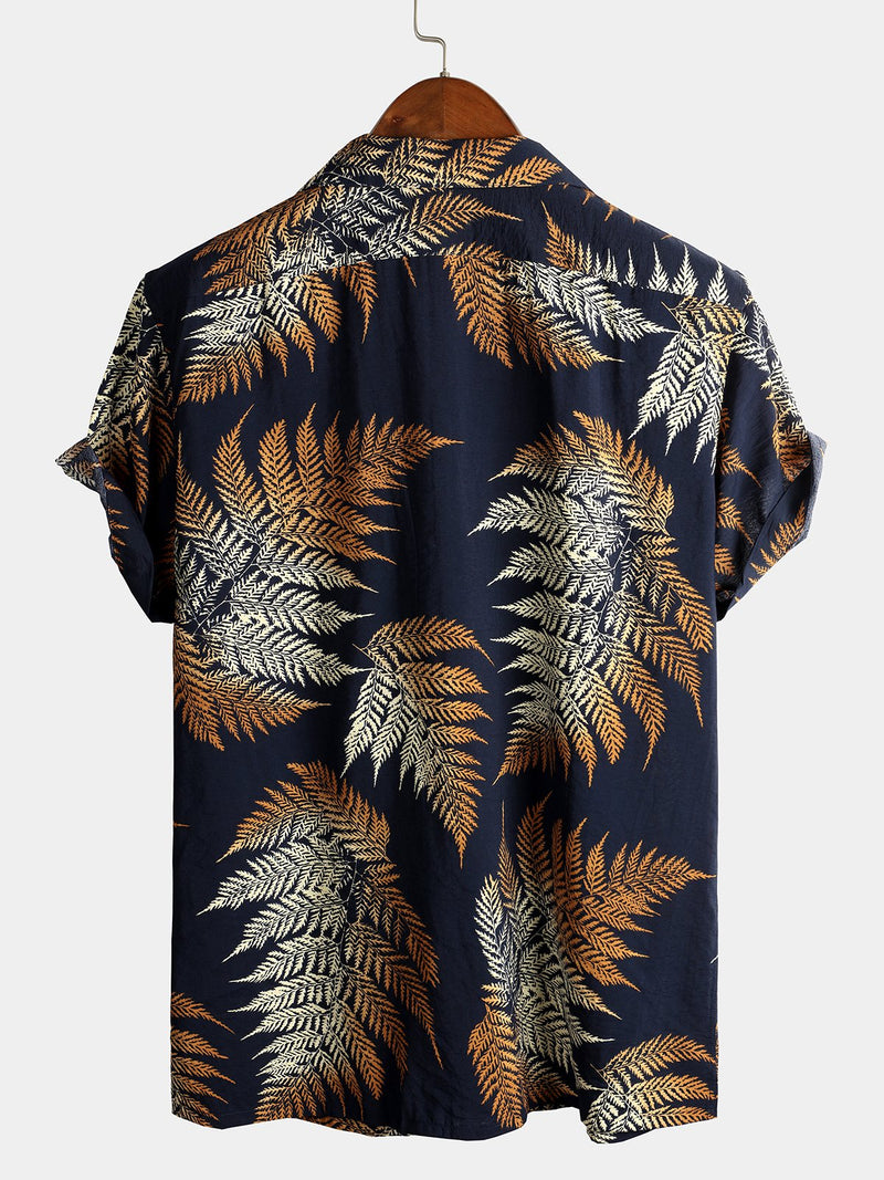 Men's Tropical Leaf Print Hawaiian Pocket Short Sleeve Shirt