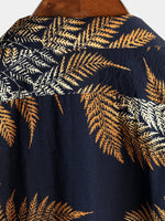 Men's Navy Blue Tropical Leaf Print Pocket Hawaiian Short Sleeve Shirt