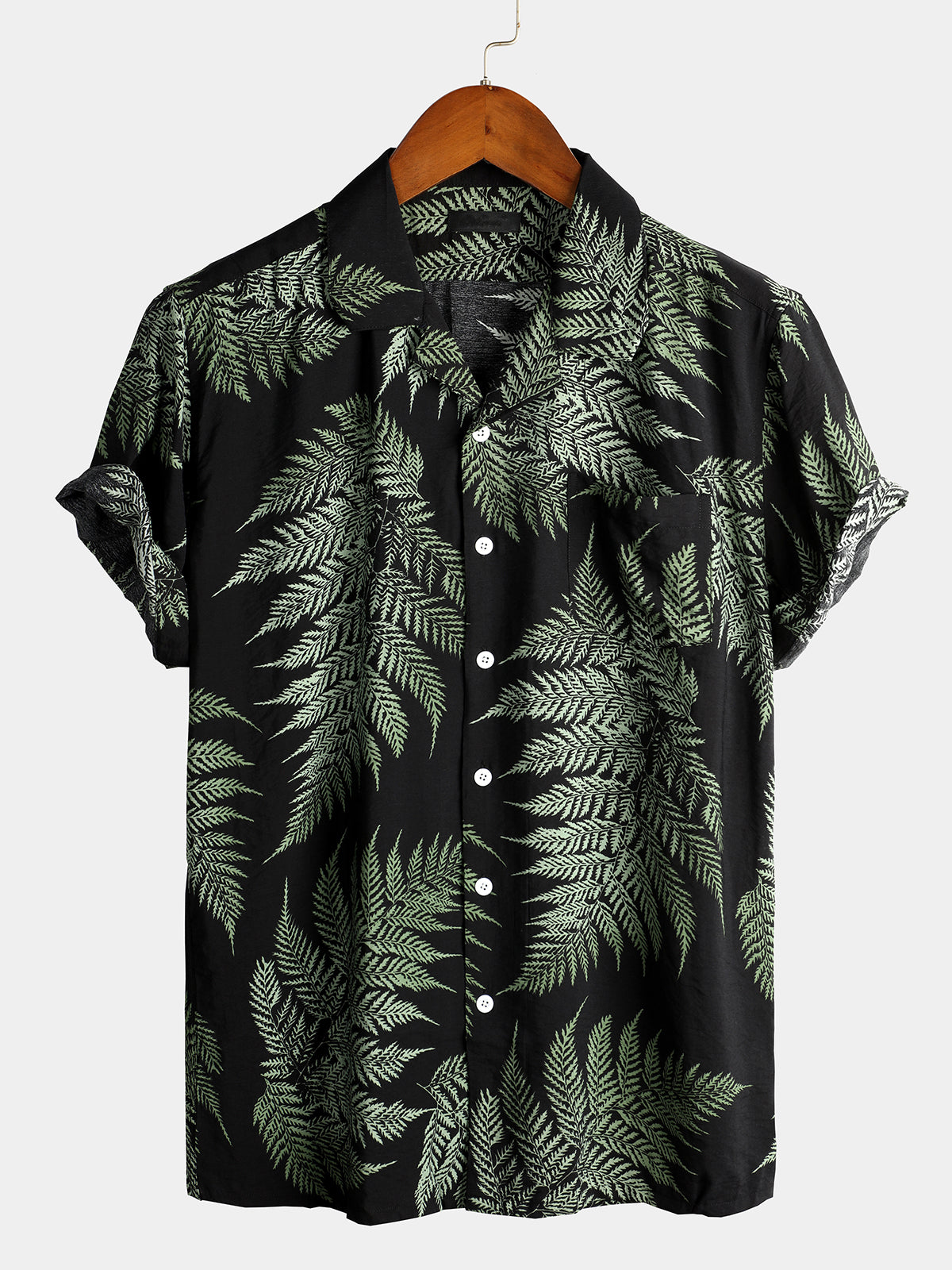 Men's Black Tropical Leaves Print Pocket Hawaiian Short Sleeve Shirt