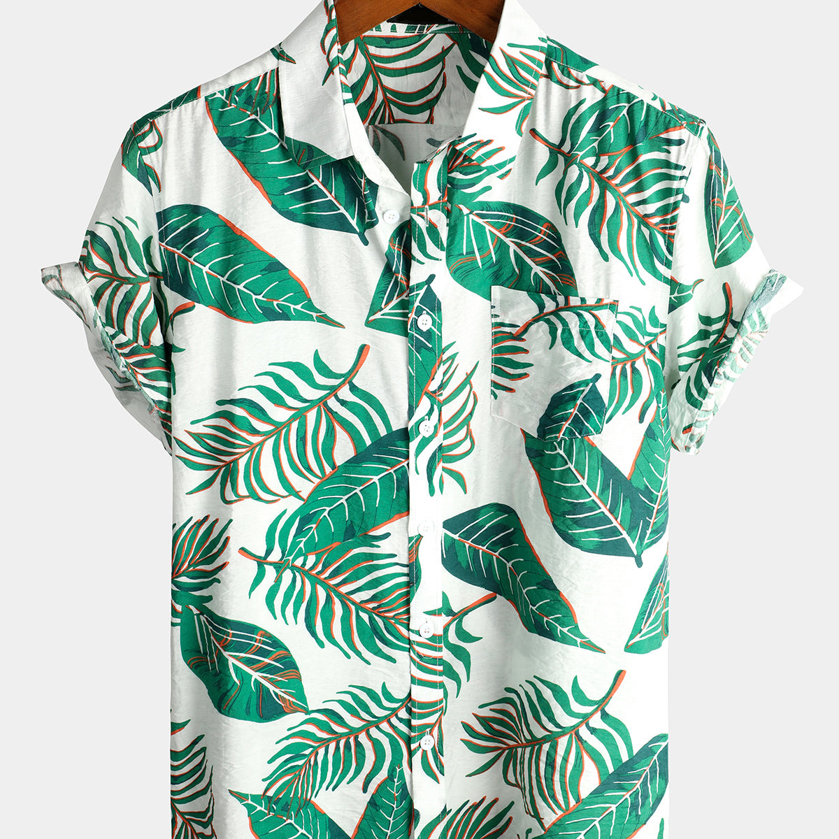 Men's Tropical Leaf Print Cotton Pocket Holiday Shirt