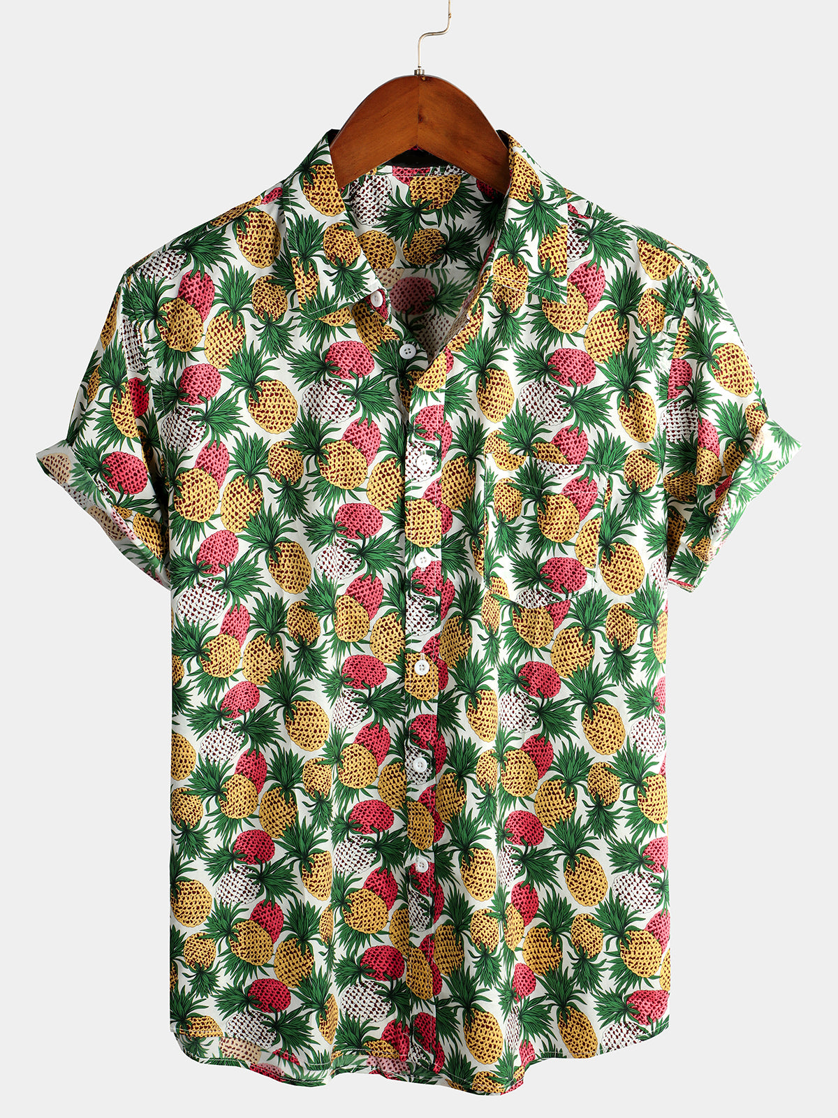 Men's Holiday Tropical Pineapple Pocket Cotton Short Sleeve Shirt