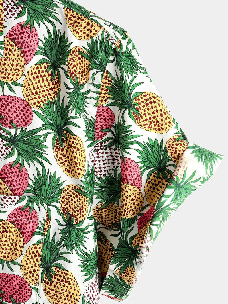 Men's Holiday Tropical Pineapple Pocket Cotton Short Sleeve Shirt