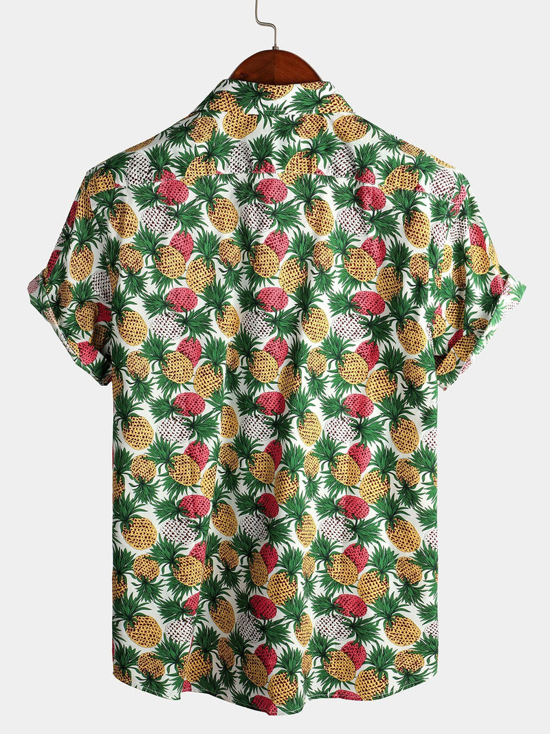 Men's Holiday Tropical Pineapple Pocket Cotton Short Sleeve Shirt