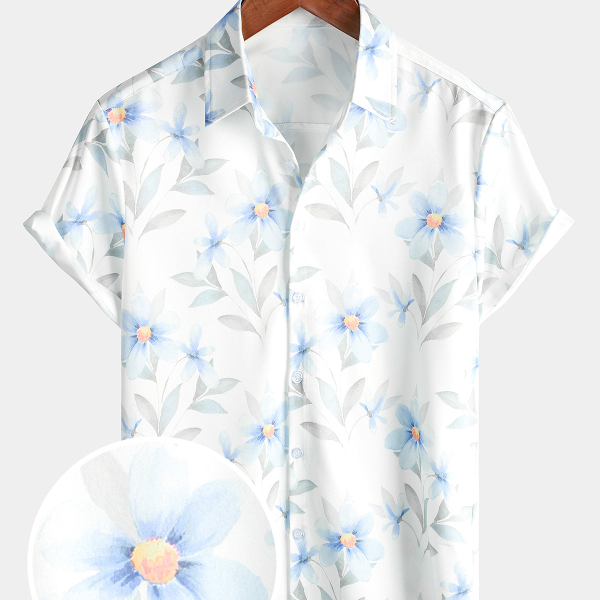 Men's Casual Blue Floral Print Button Summer Hawaiian Flower Cruise Short Sleeve Beach Shirt