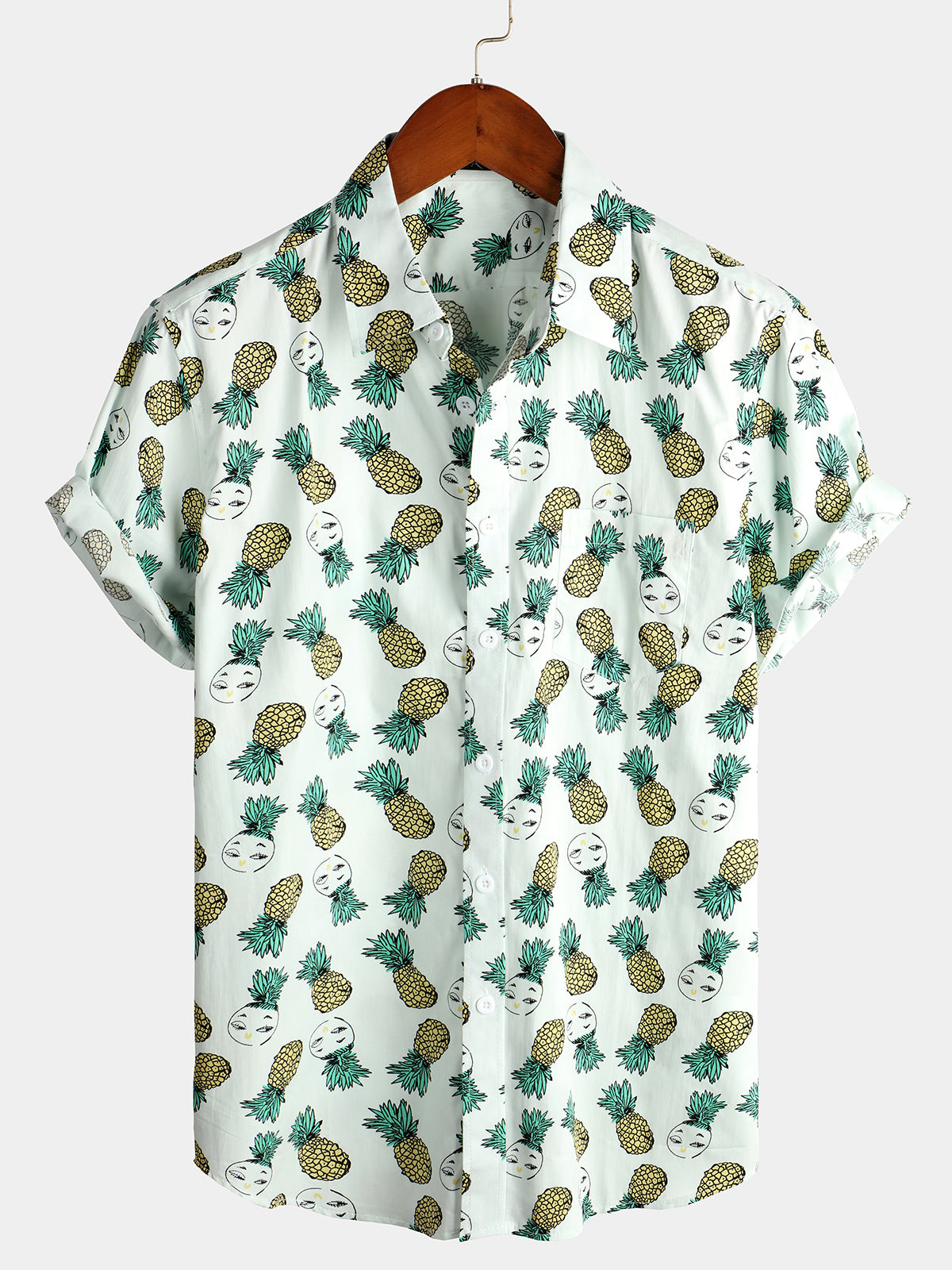 Men's Holiday Tropical Pineapple Cotton Pocket Short Sleeve Shirt