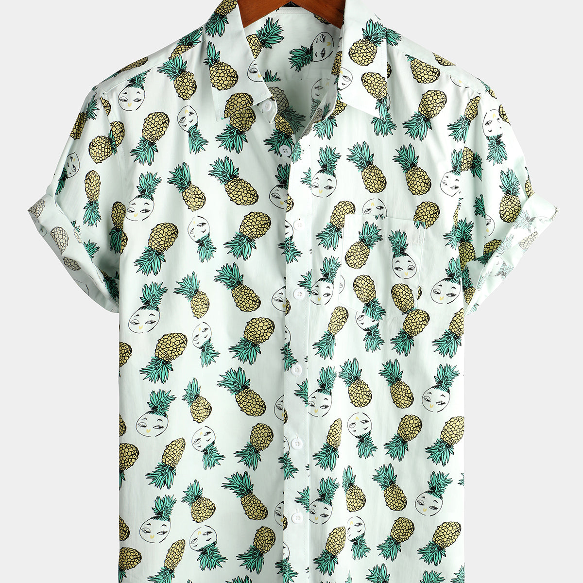 Men's Holiday Tropical Pineapple Cotton Pocket Short Sleeve Shirt