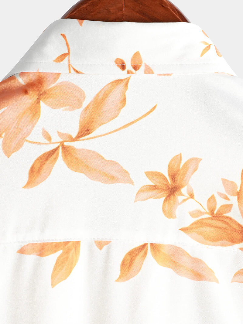 Men's Brown Floral Print Flower Short Sleeve Beach Button Up Vintage Hawaiian Shirt