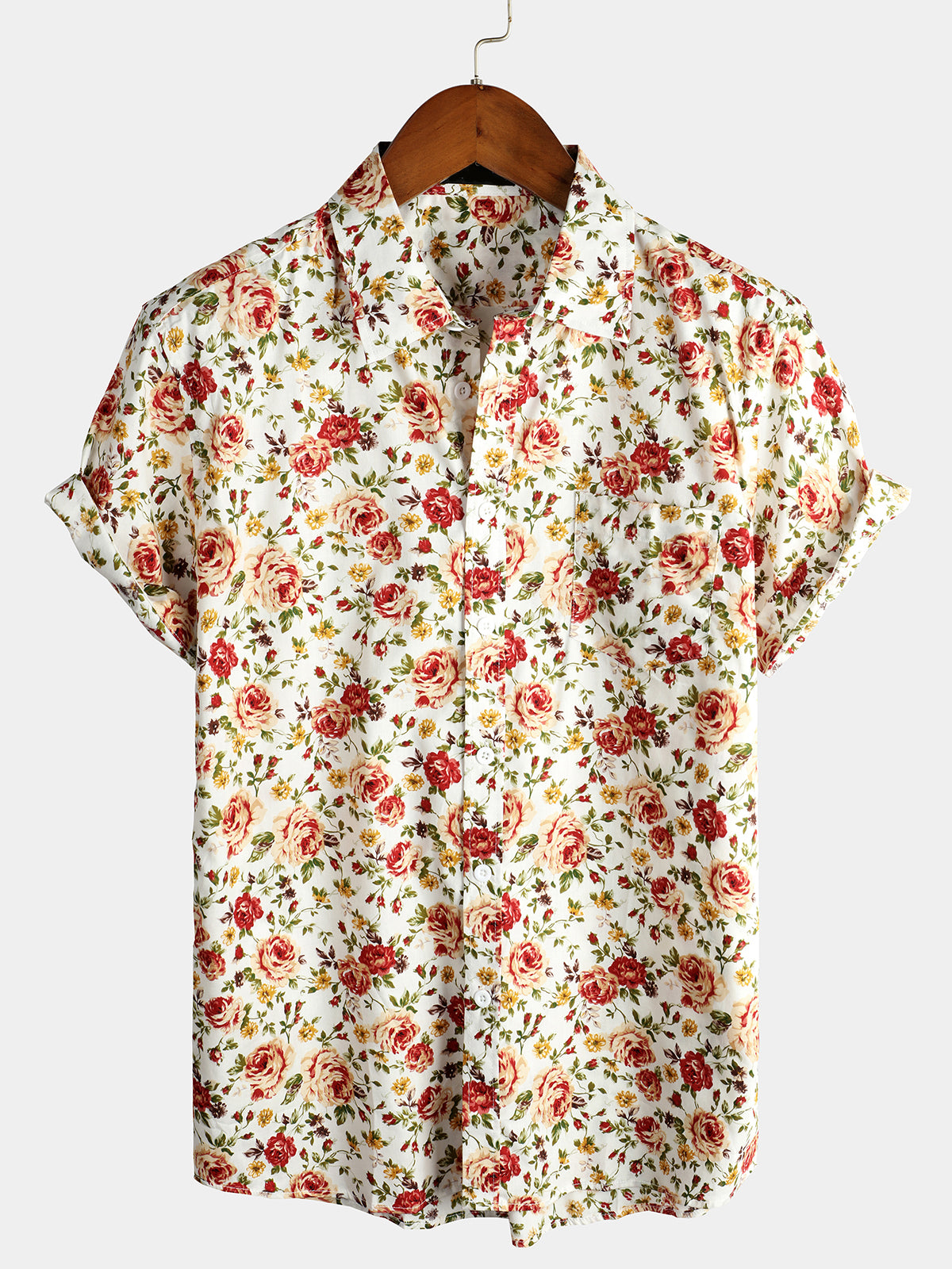 Men's Short Sleeve Rose Cotton Holiday Shirts