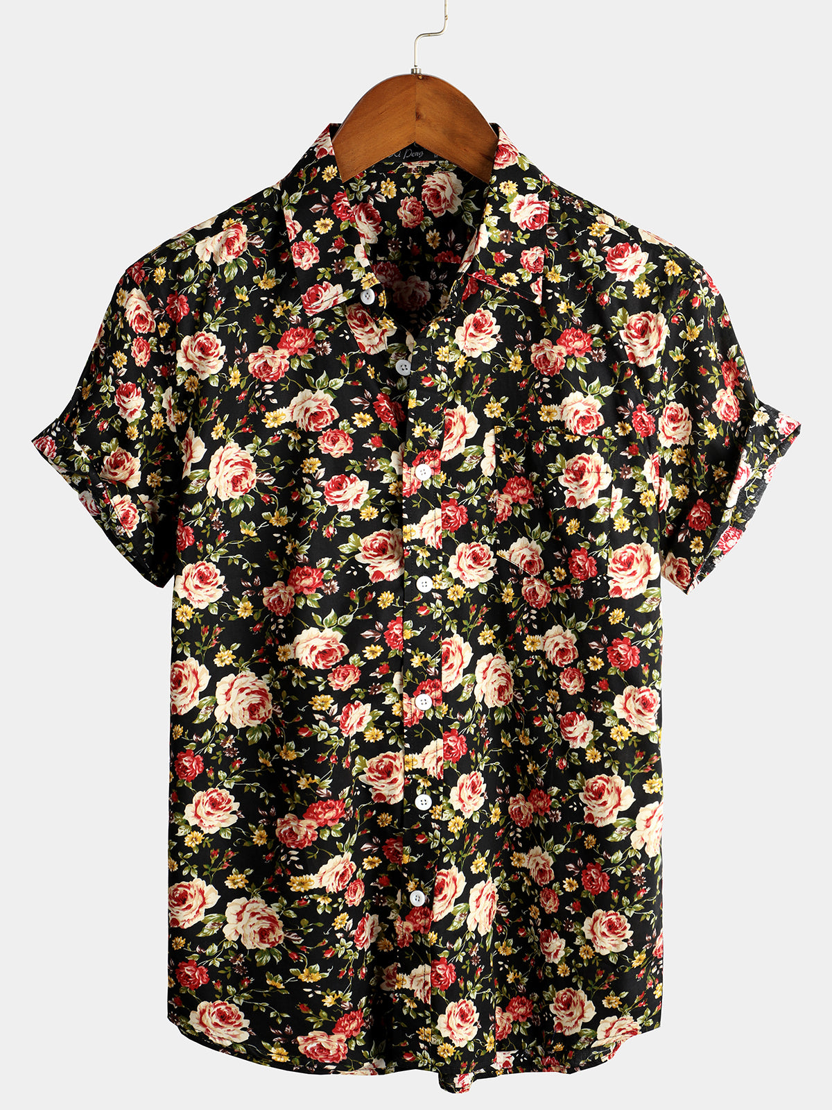 Men's Black Short Sleeve Rose Cotton Shirt