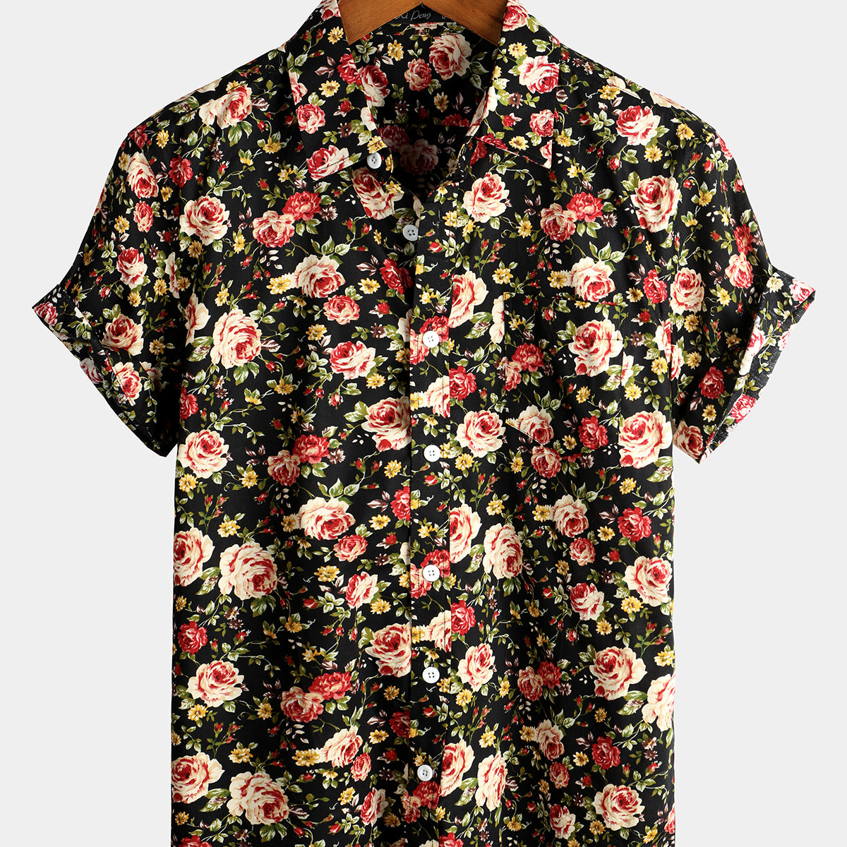 Men's Black Short Sleeve Rose Cotton Shirt