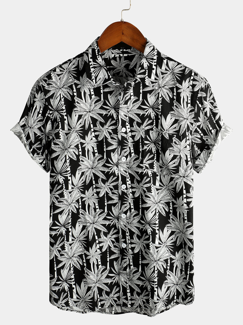 Men's Black Casual Hawaiian Short Sleeve Cotton Shirt