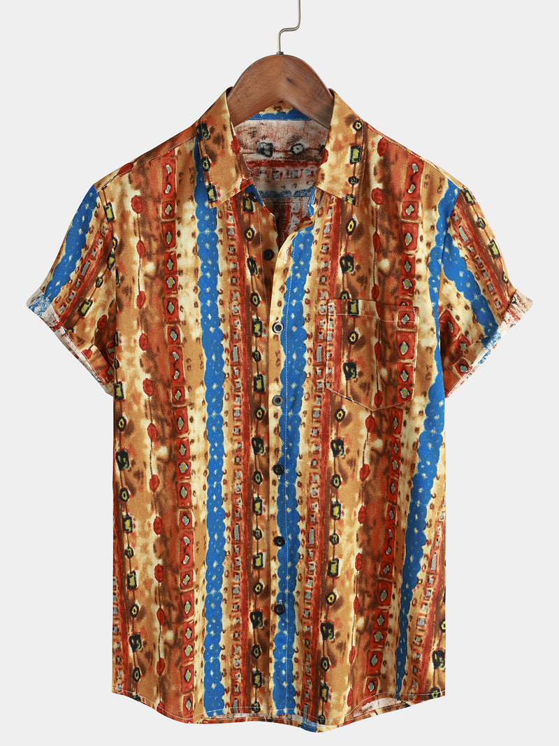 Men's Tribal Vintage Colorful Stripes Pocket Short Sleeve Shirt