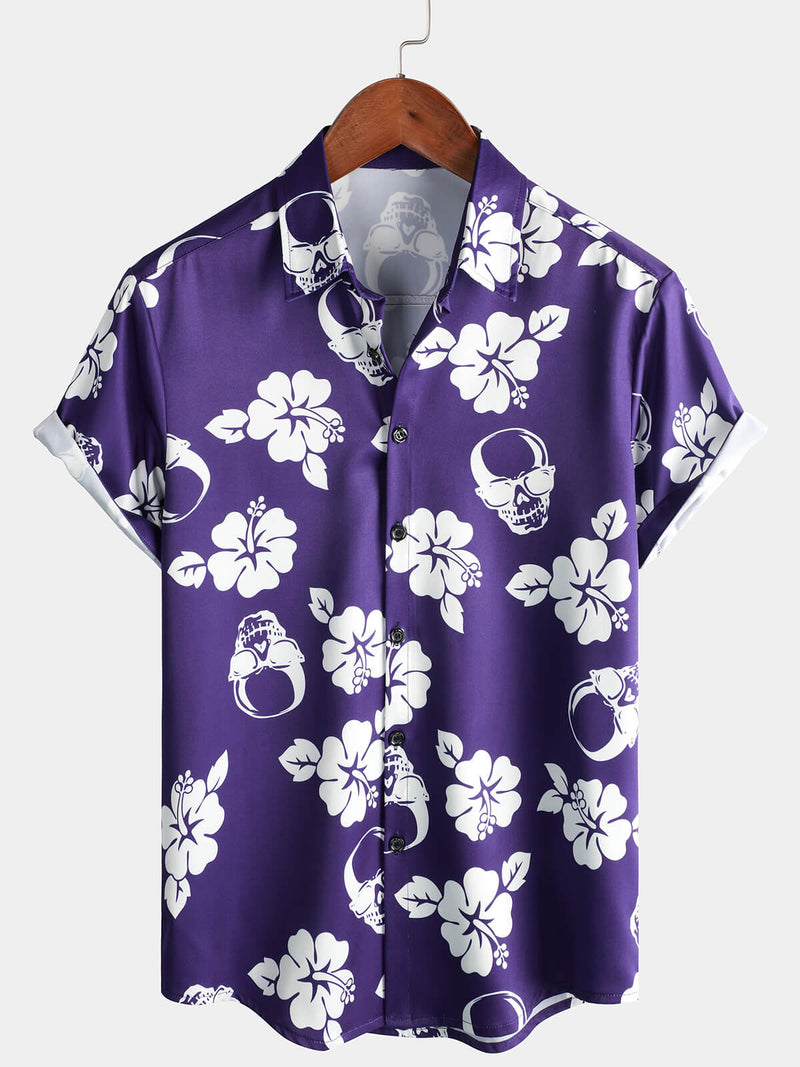 Men's Skull Floral Holiday Hibiscus Flower Print Button Beach Navy Blue Hawaiian Short Sleeve Shirt