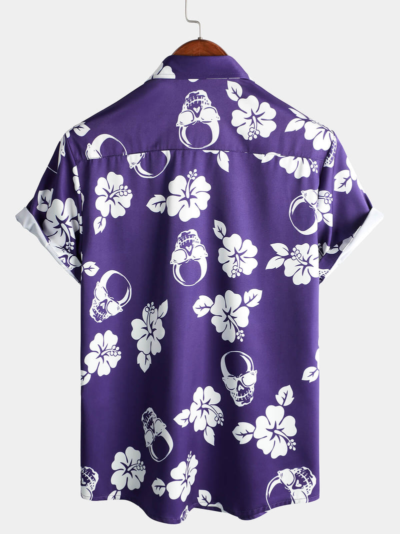 Men's Skull Floral Holiday Hibiscus Flower Print Button Beach Navy Blue Hawaiian Short Sleeve Shirt