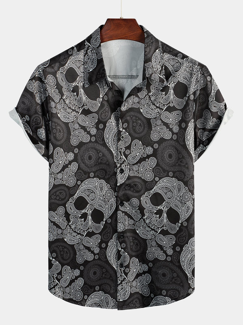 Men's Funny Black Skull Print Short Sleeve Shirt